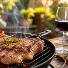 Un succulent steak grillé, des légumes rôtis et un verre de vin rouge. Parfait pour une soirée grillade.