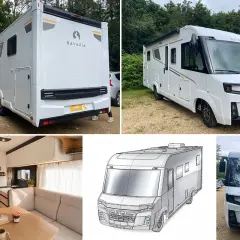 Vue extérieure et intérieure d'un camping-car Bavaria. Le visuel inclut un croquis technique, idéal pour une fiche technique camping-car Pilote.