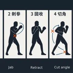 Diagram showing five boxing stances: ready, jab, retract, cut angle, and re-position.