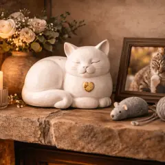 Pamięć o ukochanym kocie: ceramiczny kotek, zdjęcie, świeca i kwiaty symbolizują żałobę po kocie.