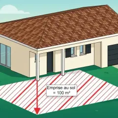 Illustration d'une maison avec garage. Une zone hachurée au sol indique l'emprise au sol de 100 m², délimitée par des flèches rouges.
