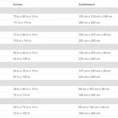 A table detailing bed sheet measurements for various sizes like California King, King, Queen, Full/Double, Twin XL, and Twin, including fitted and flat sheet dimensions in inches and centimeters.
