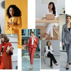 Kobiety w stylizacjach business casual: garnitury, marynarki i eleganckie spodnie.