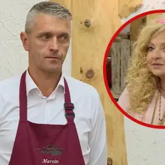 Marcin w fartuchu z napisem "Karpielówka" obok Magdy Gessler.