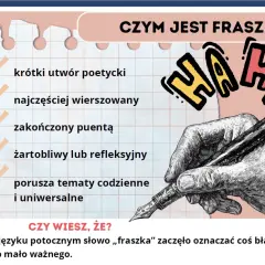 Co to fraszka? Krótki, wierszowany utwór z puentą, często żartobliwy. Ilustracja przedstawia piszącą rękę i hasło "HAHA".