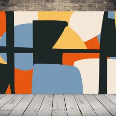 Abstrakcyjny, geometryczny wzór z zaokrąglonymi kształtami w kolorach pomarańczowym, żółtym, niebieskim i kremowym.