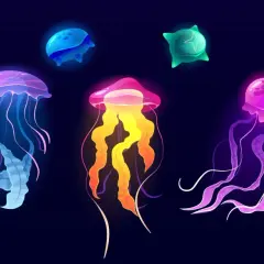 Kolorowe meduzy unoszą się w ciemności. Tatuaż meduzy symbolizuje transformację i siłę.