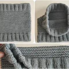 Dettagli di un scaldacollo grigio lavorato a maglia, con diverse texture. Ideale per misurare le dimensioni di un scaldacollo uncinetto fai da te.