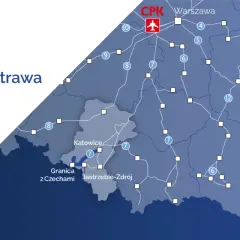 Mapa przedstawia połączenie kolejowe Katowice - Ostrawa, włączając Polskę do sieci KDP V4.