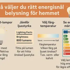 Välj en energisnål lampa: LED är effektivt. Jämför ljusstyrka (lumen), färgtemperatur och energimärkning (A är bäst).