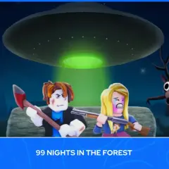 Postacie z gry Roblox w lesie pod UFO, z przerażającym jelonkiem.