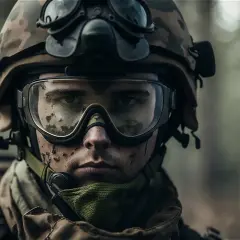 Soldado con casco y gafas airsoft, listo para la acción en el bosque.
