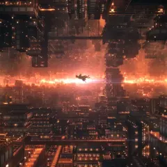 Ein Mann fliegt durch den unendlichen Palast von Demon Slayer: Kimetsu no Yaiba, eine surreale Stadt aus verschachtelten Gebäuden im warmen Licht.