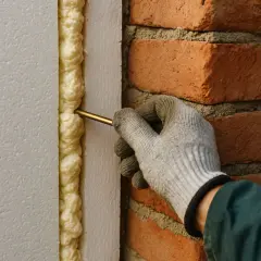 Ręka w rękawicy aplikuje piankę montażową, pokazując, czym przykleić styropian do ściany z cegły.