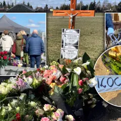Cmentarz z namiotem pogrzebowym, krzyżem, wieńcami i zniczami.