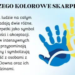 Dwie dłonie, niebieska i żółta, symbolizujące różnorodność i akceptację, z białą wstążką.