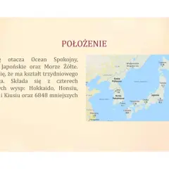 Mapa pokazuje położenie Japonii, otoczonej przez Morze Japońskie i Morze Żółte. Kraj ten, przypominający kształtem księżyc, składa się z wielu wysp.
