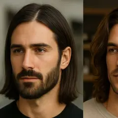 Tres hombres con pelo largo y barba. El de la izquierda tiene bigote, el del medio barba completa y el de la derecha barba corta.