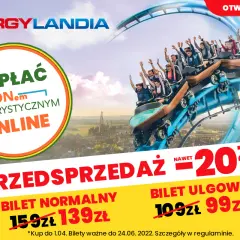 Rollercoaster w Energylandii z napisem "Zapłać bonem turystycznym online" i cenami biletów.