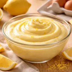 Crème dessert citron onctueuse dans un bol, garnie de zestes de citron, avec des quartiers de citron et des œufs en arrière-plan.