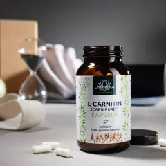 Flasche L-Carnitin Kapseln neben Yoga-Zubehör. Die richtige L-Carnitin Dosierung für dein Training.