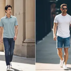 Hombre con atuendo smart casual: polo azul y jeans, o camiseta blanca y shorts vaqueros.