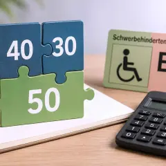Puzzle-Teile mit Zahlen 40, 30, 50 und ein Schwerbehindertenausweis deuten auf die Berechnung GDB mehrerer Krankheiten hin.