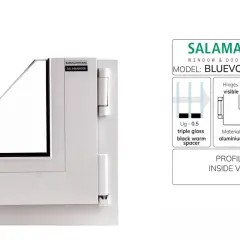 Białe okno Salamander Bluevolution 82 z widocznymi zawiasami i schematem parametrów.