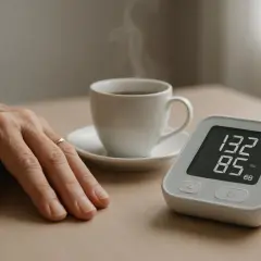Mano con anello, tazza di caffè fumante e misuratore di pressione. Il caffè abbassa pressione? Forse, ma la misurazione è 132/85.