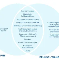 Schlechte Laune vor Periode: Kopfschmerzen, Stimmungsschwankungen, Übelkeit, Akne. Auch frühe Schwangerschaftssymptome wie leichte Blutungen oder Ausbleiben der Periode sind möglich.