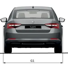 Grauer Skoda Superb von hinten mit Maßangabe G1 für die pkw breite.