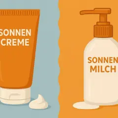 Zwei Produkte für den Sonnenschutz: eine Tube Sonnencreme und eine Flasche Sonnenmilch.