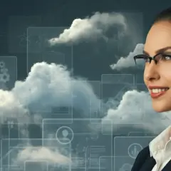 Femme d'affaires souriante, lunettes, devant un fond de nuages et d'icônes symbolisant la stratégie de migration vers le cloud.