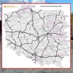 Mapa planowanych nowych dróg w Polsce, w tym fragmenty trasy S1. Obok widok budowy drogi w lesie.