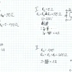 Obliczanie spadku napięcia w obwodzie z rezystancją zmienną R2. Przykład z R1=50Ω, U=200V.