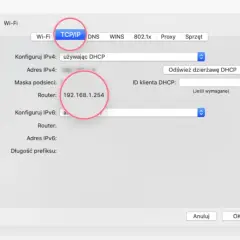 Ustawienia sieciowe TCP/IP, gdzie widoczny jest adres ip routera 192.168.1.254.