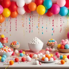 Färgglada ballonger och konfetti skapar en festlig stämning. Bordet är fyllt med sötsaker och bollar i olika färger, perfekta för roliga smaktester.