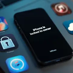 Zablokowany iPhone z komunikatem "iPhone is locked to owner" na ekranie, otoczony ikonami aplikacji, w tym kłódką i chmurką.