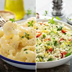 Dos deliciosas recetas con coliflor: cremosa y gratinada, y fresca ensalada de "arroz" de coliflor con verduras.