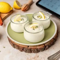 Delicioso mousse de limón thermomix en vasitos, decorado con rodajas de limón y tomillo. ¡Perfecto para un postre refrescante!