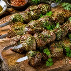Brochettes d'agneau marinées, prêtes pour la cuisson au barbecue. Herbes fraîches et épices sur fond de bois.