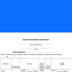 Księga przychodów i rozchodów z polami do wpisania daty zdarzenia gospodarczego, kontrahenta, przychodów, kosztów i uwag.