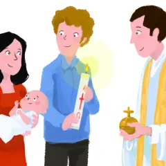 Cérémonie de baptême : une mère tient son bébé, un homme porte une bougie, et un prêtre bénit l'eau. L'origine du parrain et de la marraine est ici symbolisée.
