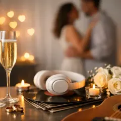 Coppie di fedi, champagne e una chitarra creano l'atmosfera perfetta per una canzone per anniversario di matrimonio.