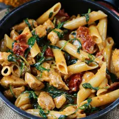 Penne z kurczakiem, szpinakiem i suszonymi pomidorami w kremowym sosie. Pyszne danie, które zachwyci każdego miłośnika makaronu.