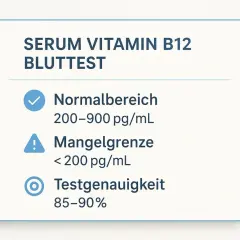 Serum Vitamin B12 Bluttest: Normalbereich 200-900 pg/mL. Mangelgrenze < 200 pg/mL. Zu viel Vitamin B12 Symptome sind selten, aber ein Mangel kann zu neurologischen Problemen führen.