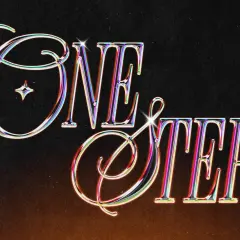 ONE STEP" in iridescent, chrome-like lettering with a retro y2k graphic design feel, set against a dark, textured background.