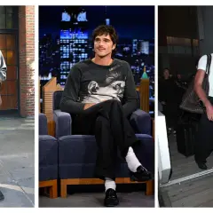 Jacob Elordi físico: tres looks del actor. Uno con chaqueta de cuero, otro en un programa de TV y uno más viajando con equipaje.