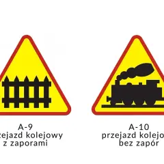 Dwa znaki ostrzegawcze: przejazd kolejowy zaporami (płotek) i przejazd kolejowy bez zapór (lokomotywa).