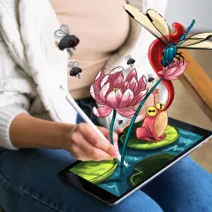 Osoba rysuje na tablecie w programie do rysowania. Na ekranie pojawia się żaba, ważka i kwiat lotosu.